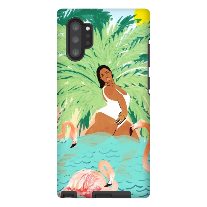 Galaxy Note 10 plus StrongFit Tropical Summer Water Yoga with Palm & Flamingos | Woman of Color Black Woman Body Positivity by Uma Prabhakar Gokhale