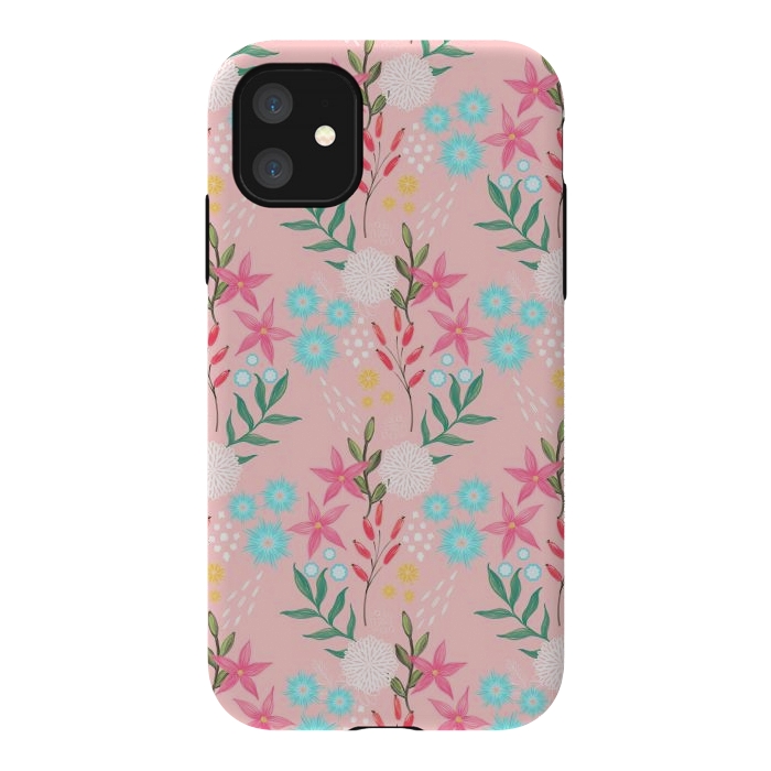 iPhone 11 StrongFit Cute Pink Flowers Creative Art Pattern by InovArts