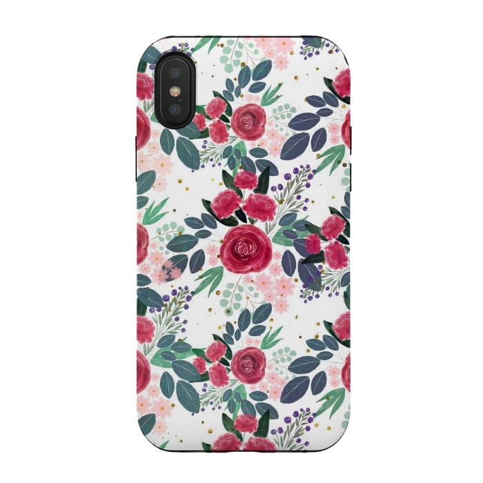 iPhone Xs / X StrongFit Cute Rose Pink Peonies Watercolor Paint Gold Dots Design by InovArts
