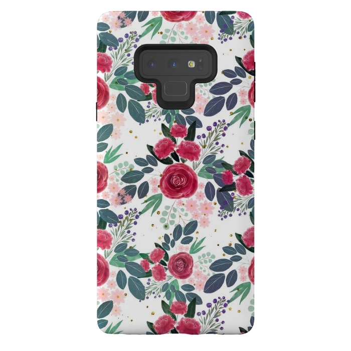 Galaxy Note 9 StrongFit Cute Rose Pink Peonies Watercolor Paint Gold Dots Design by InovArts