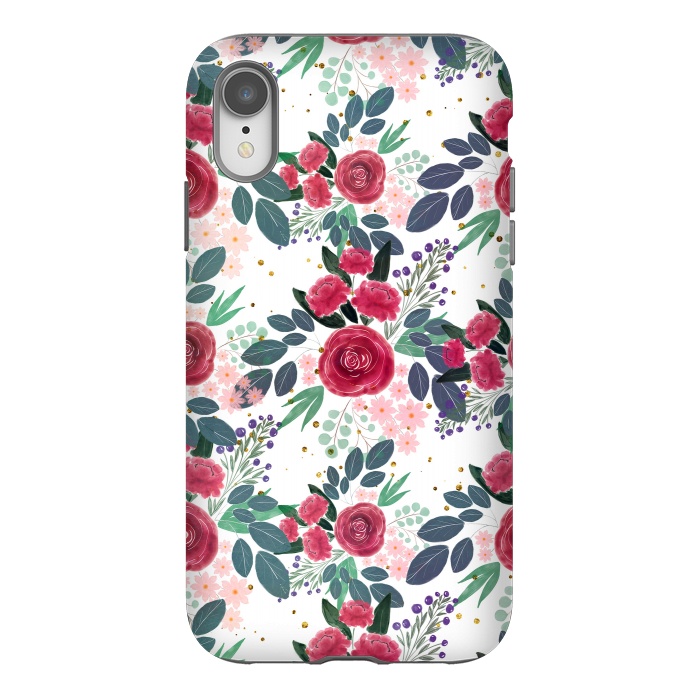 iPhone Xr StrongFit Cute Rose Pink Peonies Watercolor Paint Gold Dots Design by InovArts