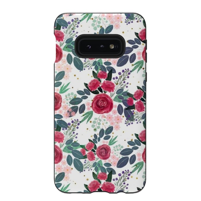 Galaxy S10e StrongFit Cute Rose Pink Peonies Watercolor Paint Gold Dots Design by InovArts