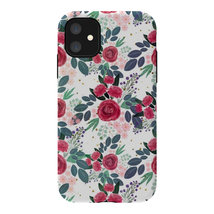 iPhone 11 StrongFit Cute Rose Pink Peonies Watercolor Paint Gold Dots Design by InovArts
