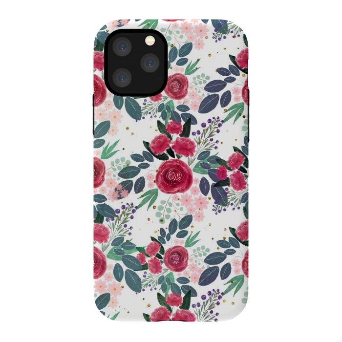 iPhone 11 Pro StrongFit Cute Rose Pink Peonies Watercolor Paint Gold Dots Design by InovArts