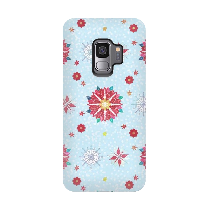 Galaxy S9 StrongFit Trendy Winter Red Poinsettias White Snowflakes Pattern by InovArts