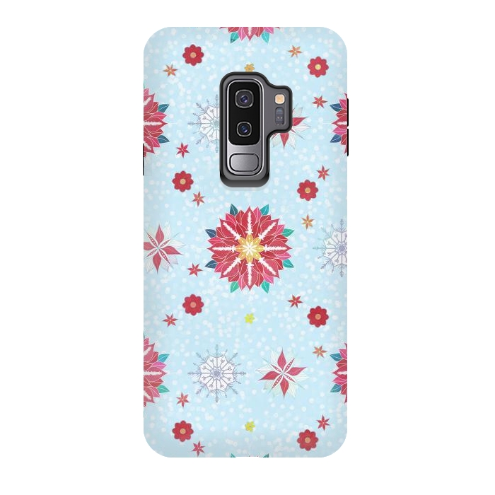 Galaxy S9 plus StrongFit Trendy Winter Red Poinsettias White Snowflakes Pattern by InovArts