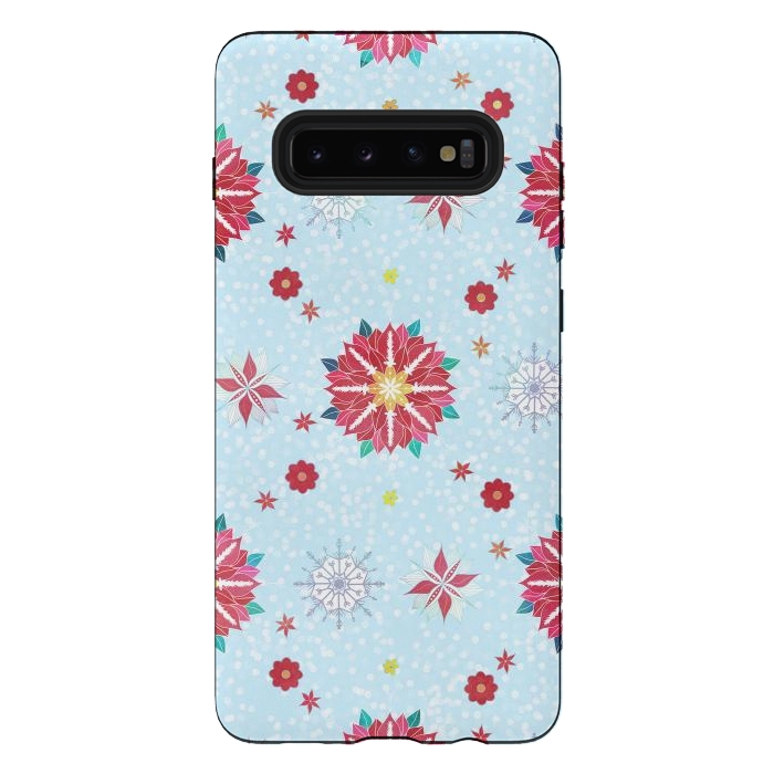 Galaxy S10 plus StrongFit Trendy Winter Red Poinsettias White Snowflakes Pattern by InovArts
