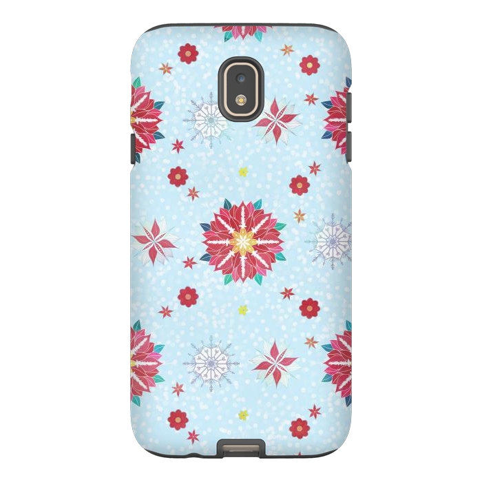 Galaxy J7 StrongFit Trendy Winter Red Poinsettias White Snowflakes Pattern by InovArts