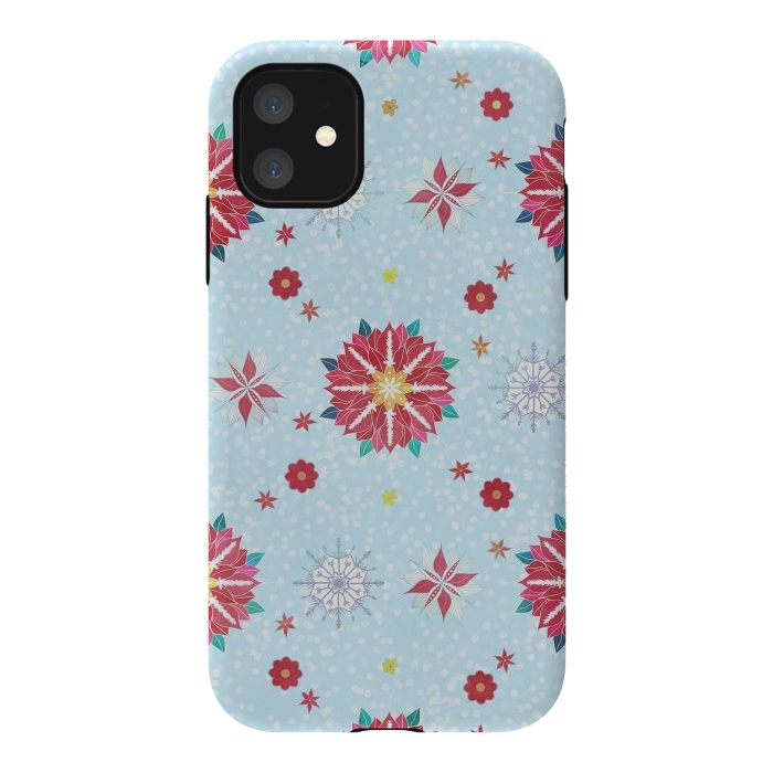 iPhone 11 StrongFit Trendy Winter Red Poinsettias White Snowflakes Pattern by InovArts