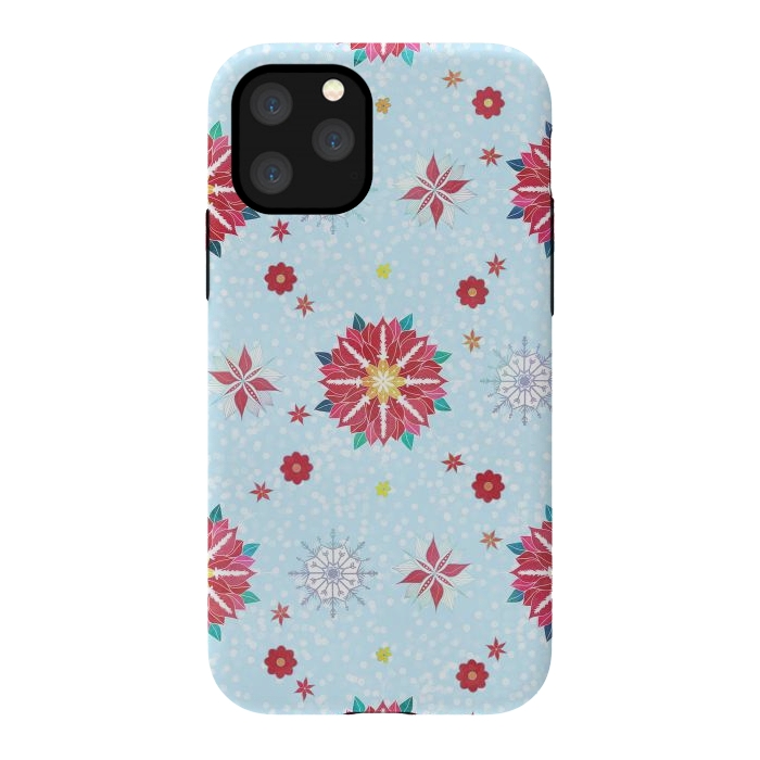 iPhone 11 Pro StrongFit Trendy Winter Red Poinsettias White Snowflakes Pattern by InovArts