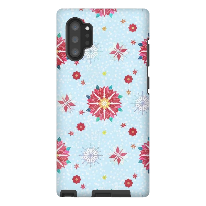 Galaxy Note 10 plus StrongFit Trendy Winter Red Poinsettias White Snowflakes Pattern by InovArts