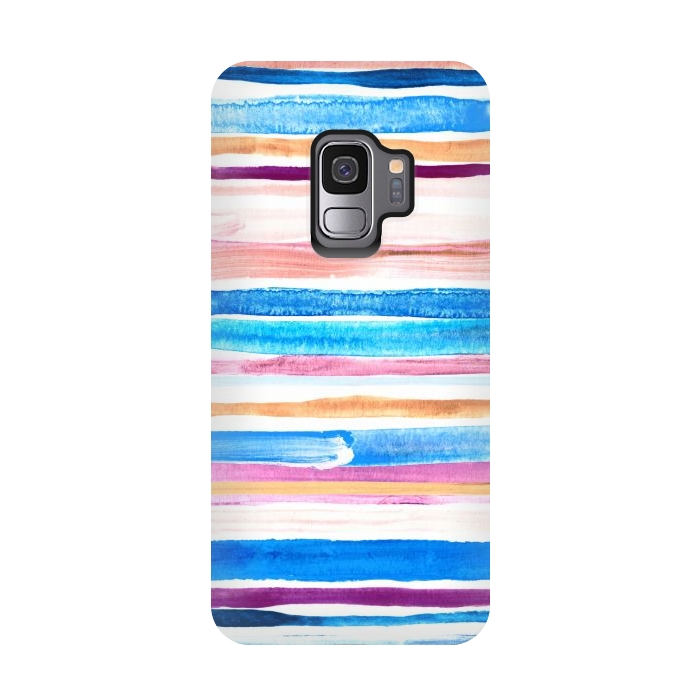 Galaxy S9 StrongFit Pastel Pink, Plum and Cobalt Blue Gouache Stripes by Micklyn Le Feuvre