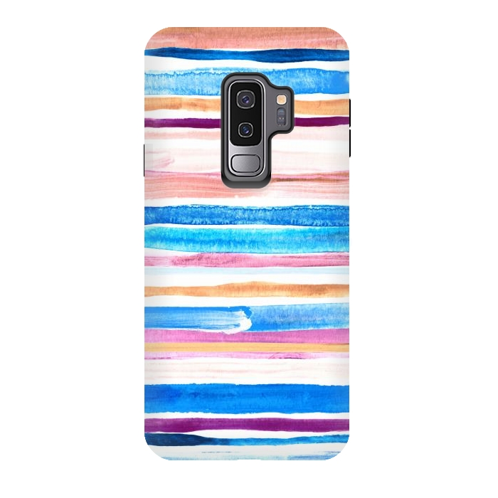 Galaxy S9 plus StrongFit Pastel Pink, Plum and Cobalt Blue Gouache Stripes by Micklyn Le Feuvre