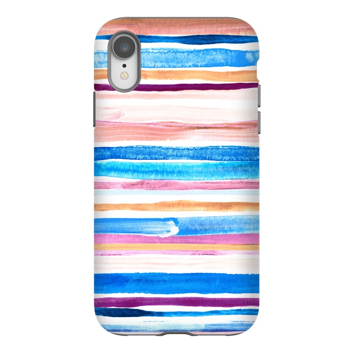 iPhone Xr StrongFit Pastel Pink, Plum and Cobalt Blue Gouache Stripes by Micklyn Le Feuvre