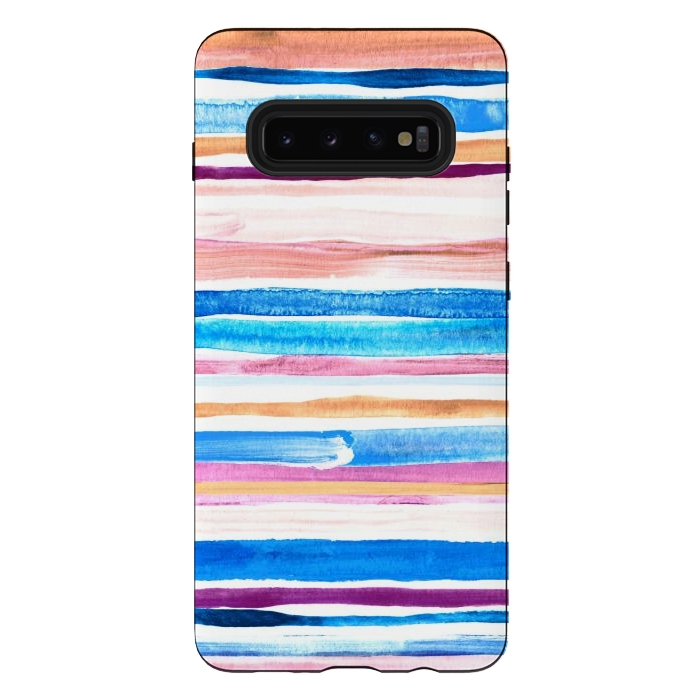 Galaxy S10 plus StrongFit Pastel Pink, Plum and Cobalt Blue Gouache Stripes by Micklyn Le Feuvre