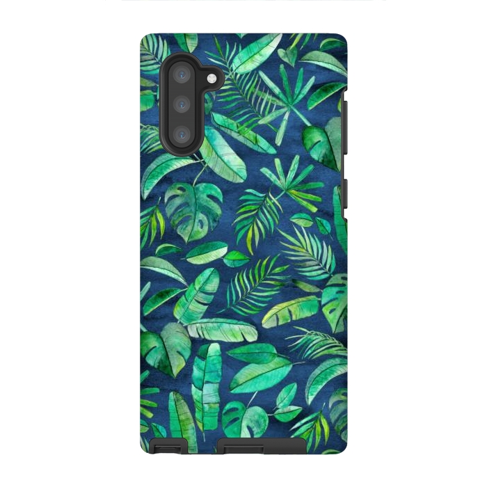 Galaxy Note 10 StrongFit Emerald Tropical Leaf Scatter on textured Navy Blue by Micklyn Le Feuvre