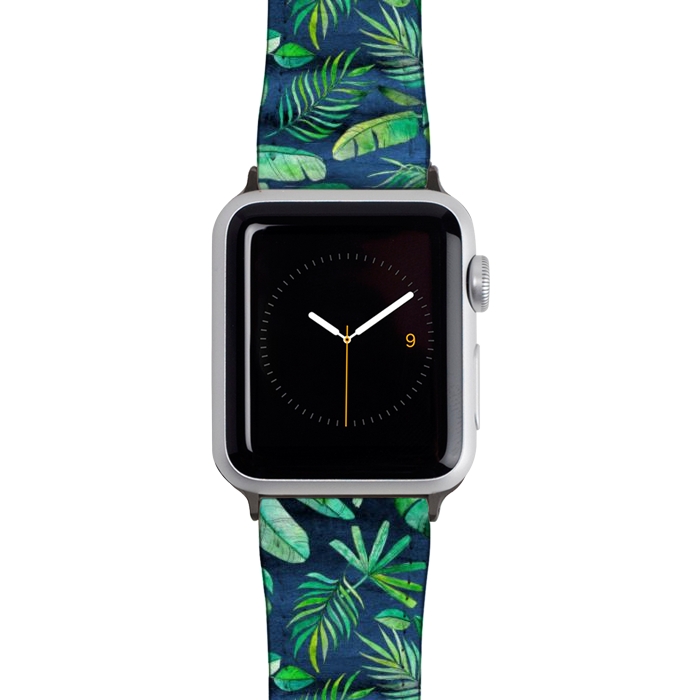 Watch 38mm / 40mm Strap PU leather Emerald Tropical Leaf Scatter on textured Navy Blue by Micklyn Le Feuvre