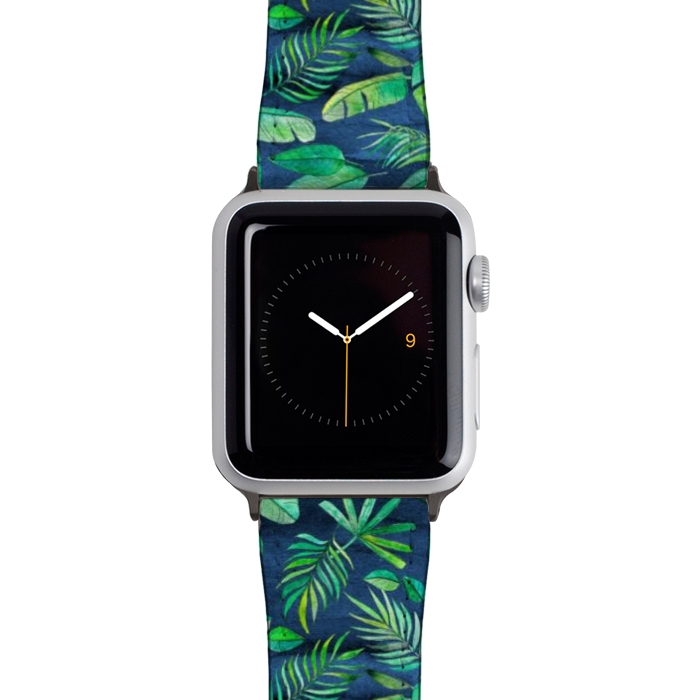 Watch 42mm / 44mm Strap PU leather Emerald Tropical Leaf Scatter on textured Navy Blue by Micklyn Le Feuvre