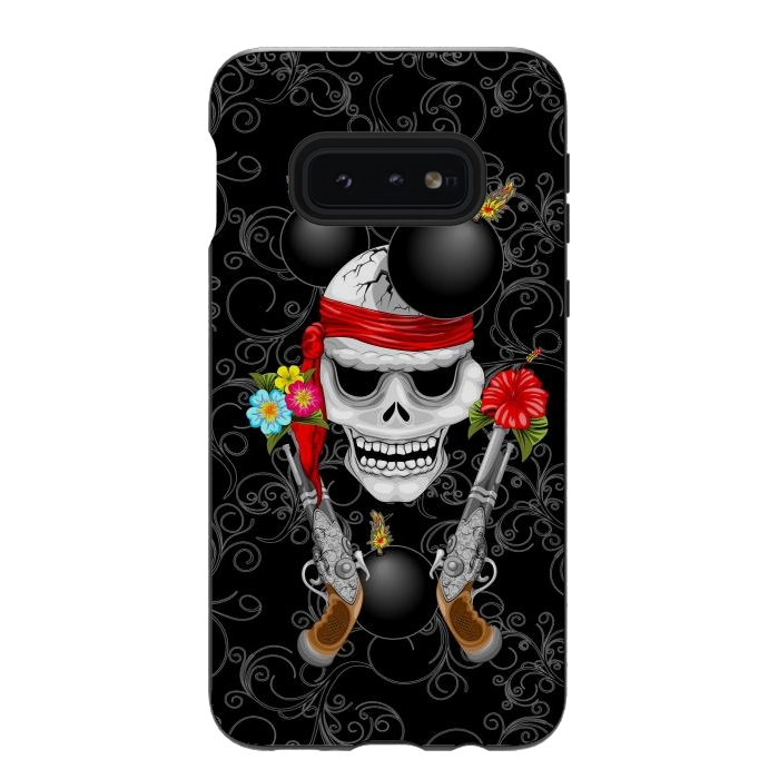 Galaxy S10e StrongFit Pirate Skull, Ancient Guns, Flowers and Cannonballs by BluedarkArt