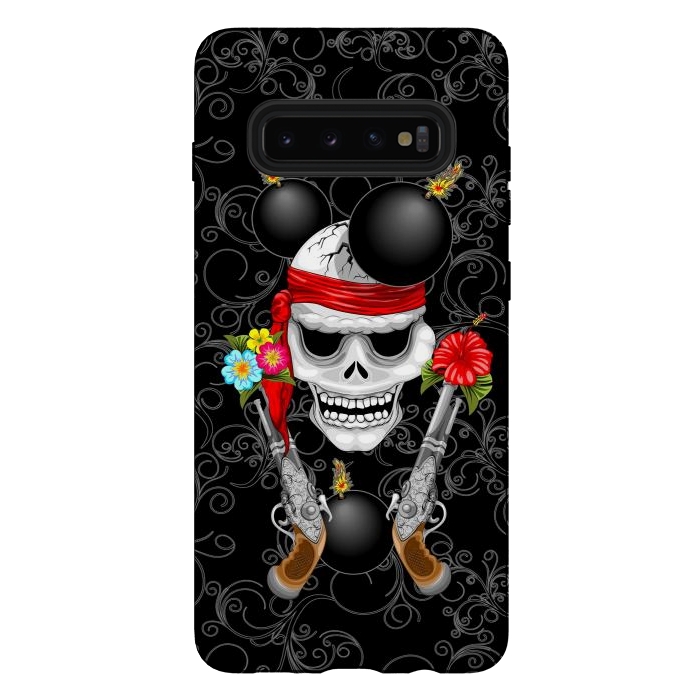 Galaxy S10 plus StrongFit Pirate Skull, Ancient Guns, Flowers and Cannonballs by BluedarkArt