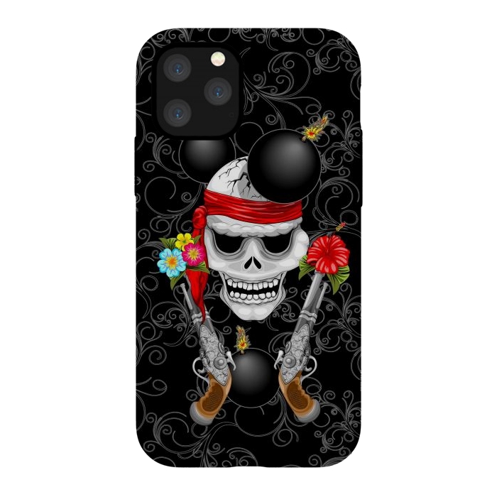 iPhone 11 Pro StrongFit Pirate Skull, Ancient Guns, Flowers and Cannonballs by BluedarkArt