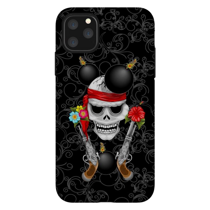 iPhone 11 Pro Max StrongFit Pirate Skull, Ancient Guns, Flowers and Cannonballs by BluedarkArt