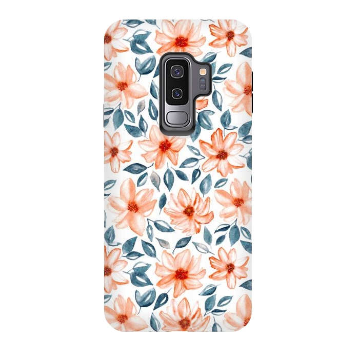 Galaxy S9 plus StrongFit Orange & Navy Watercolor Floral  by Tigatiga