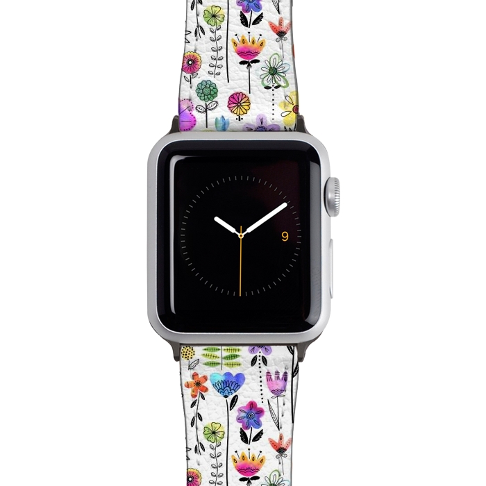 Watch 38mm / 40mm Strap PU leather Bright Watercolor and Line Art Flowers by Noonday Design