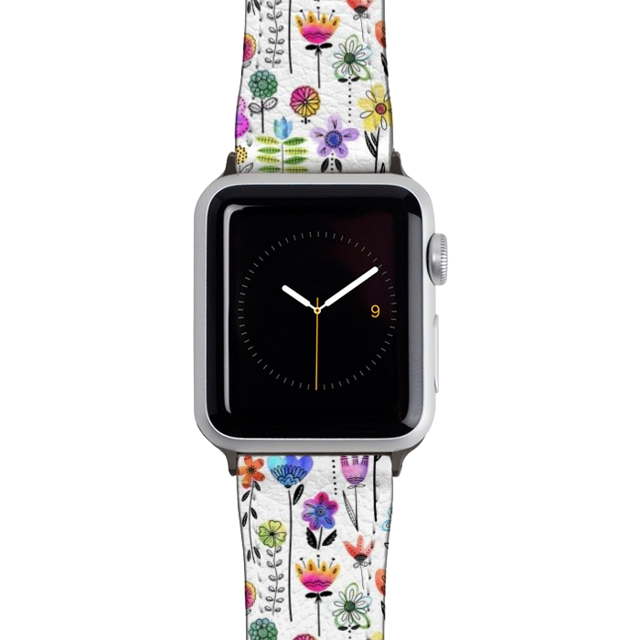 Watch 42mm / 44mm Strap PU leather Bright Watercolor and Line Art Flowers by Noonday Design