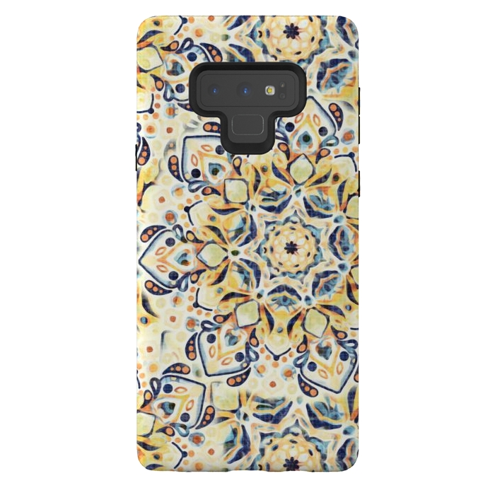 Galaxy Note 9 StrongFit Stained Glass Mandala - Mustard Yellow & Navy  by Tigatiga