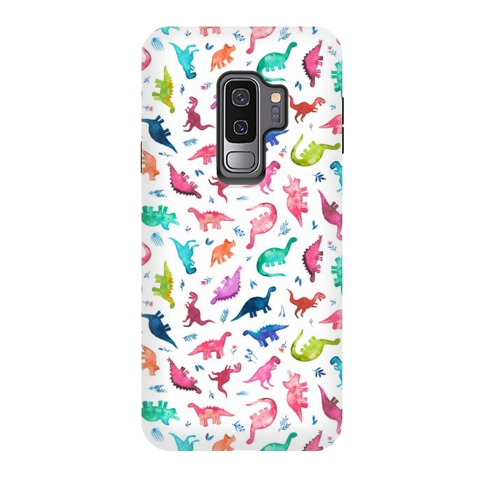 Galaxy S9 plus StrongFit Tiny Ditsy Watercolor Dinosaurs in Rainbow Colors by Micklyn Le Feuvre