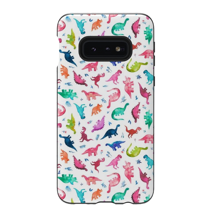 Galaxy S10e StrongFit Tiny Ditsy Watercolor Dinosaurs in Rainbow Colors by Micklyn Le Feuvre