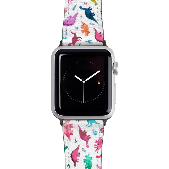 Watch 42mm / 44mm Strap PU leather Tiny Ditsy Watercolor Dinosaurs in Rainbow Colors by Micklyn Le Feuvre