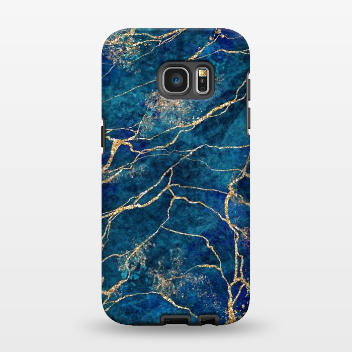 Galaxy S7 EDGE StrongFit Blue Marble with Gold Glitter Veins Fake Stone Texture by ArtsCase
