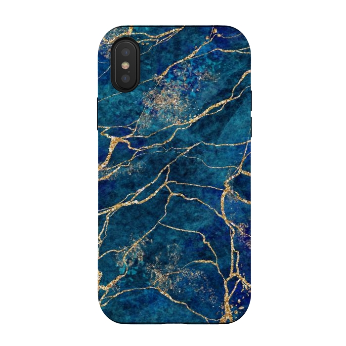 iPhone Xs / X StrongFit Blue Marble with Gold Glitter Veins Fake Stone Texture by ArtsCase