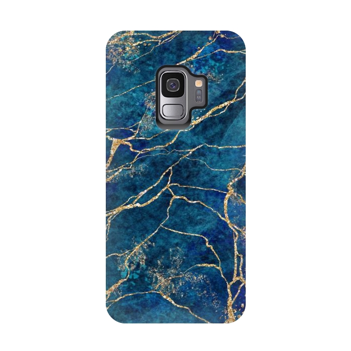 Galaxy S9 StrongFit Blue Marble with Gold Glitter Veins Fake Stone Texture by ArtsCase