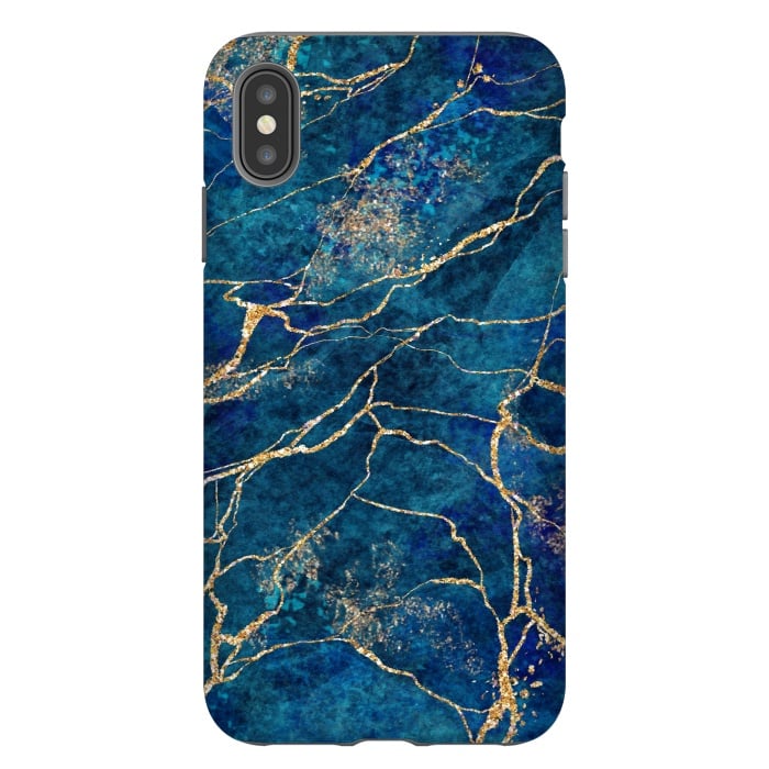 iPhone Xs Max StrongFit Blue Marble with Gold Glitter Veins Fake Stone Texture by ArtsCase