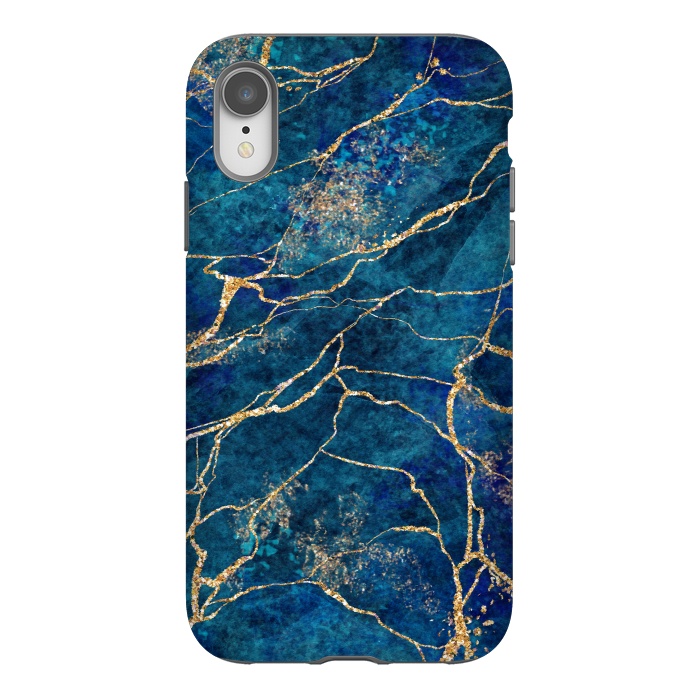 iPhone Xr StrongFit Blue Marble with Gold Glitter Veins Fake Stone Texture by ArtsCase