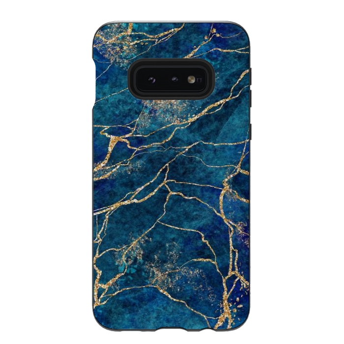 Galaxy S10e StrongFit Blue Marble with Gold Glitter Veins Fake Stone Texture by ArtsCase