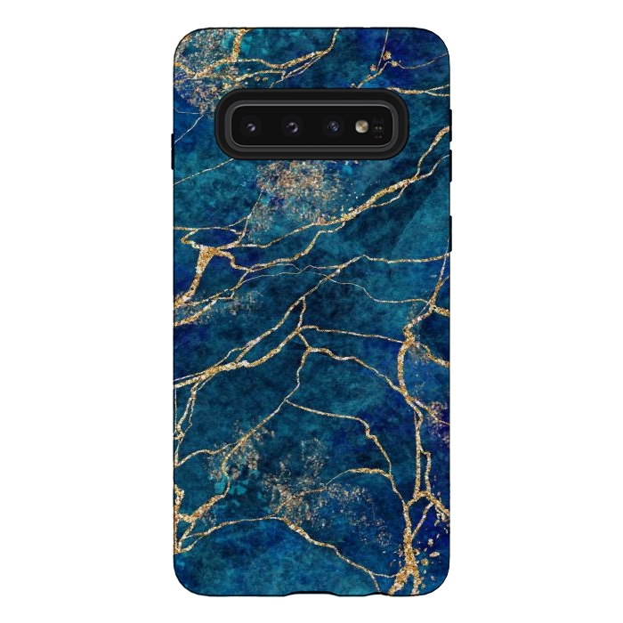 Galaxy S10 StrongFit Blue Marble with Gold Glitter Veins Fake Stone Texture by ArtsCase