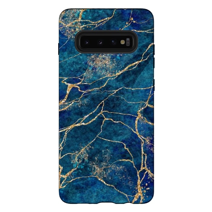Galaxy S10 plus StrongFit Blue Marble with Gold Glitter Veins Fake Stone Texture by ArtsCase