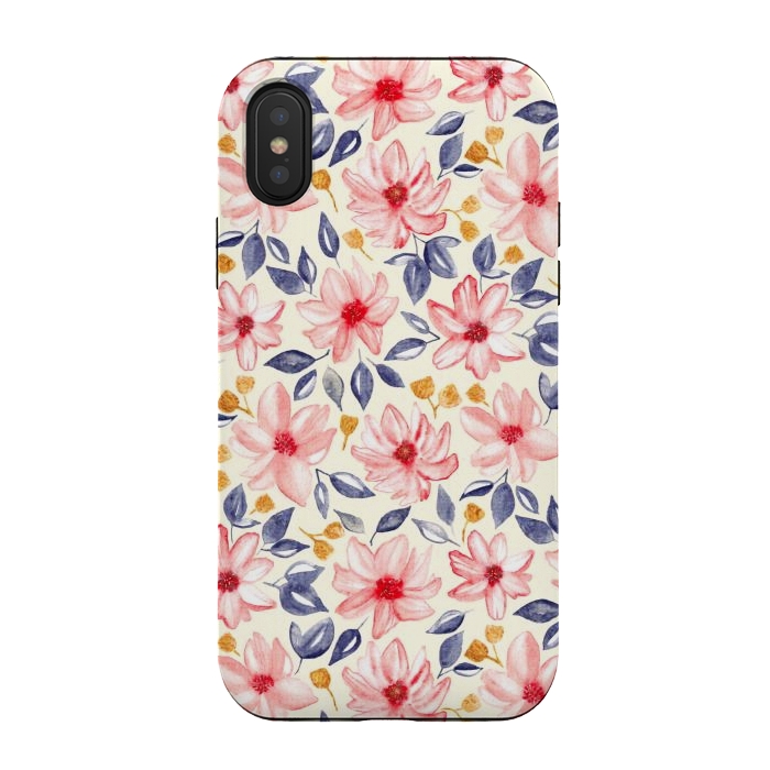 iPhone Xs / X StrongFit Navy, Gold & Pink Watercolor Floral - Cream  by Tigatiga