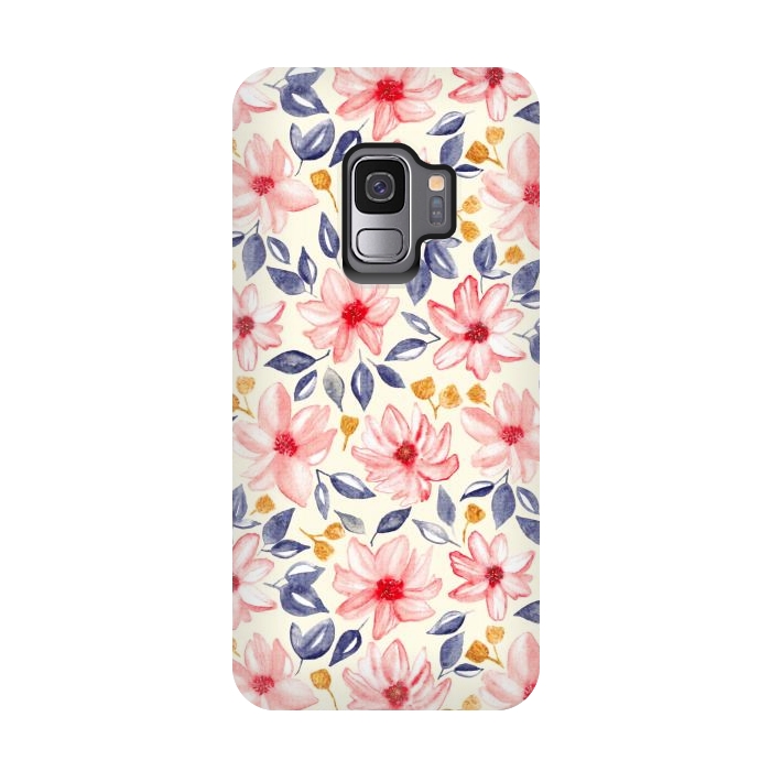 Galaxy S9 StrongFit Navy, Gold & Pink Watercolor Floral - Cream  by Tigatiga