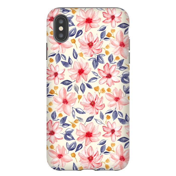 iPhone Xs Max StrongFit Navy, Gold & Pink Watercolor Floral - Cream  by Tigatiga