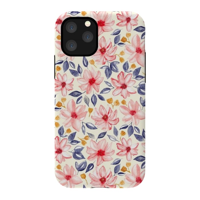 iPhone 11 Pro StrongFit Navy, Gold & Pink Watercolor Floral - Cream  by Tigatiga