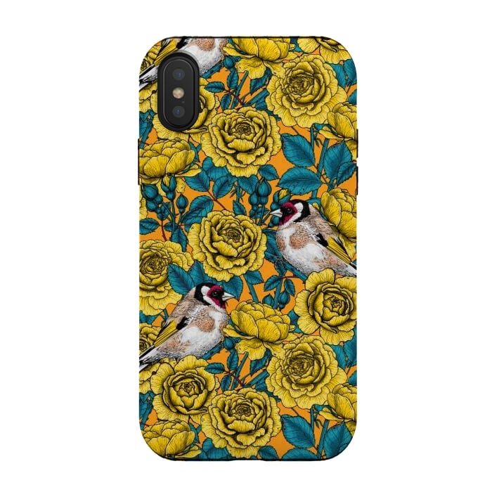 iPhone Xs / X StrongFit Rose flowers and goldfinch birds by Katerina Kirilova