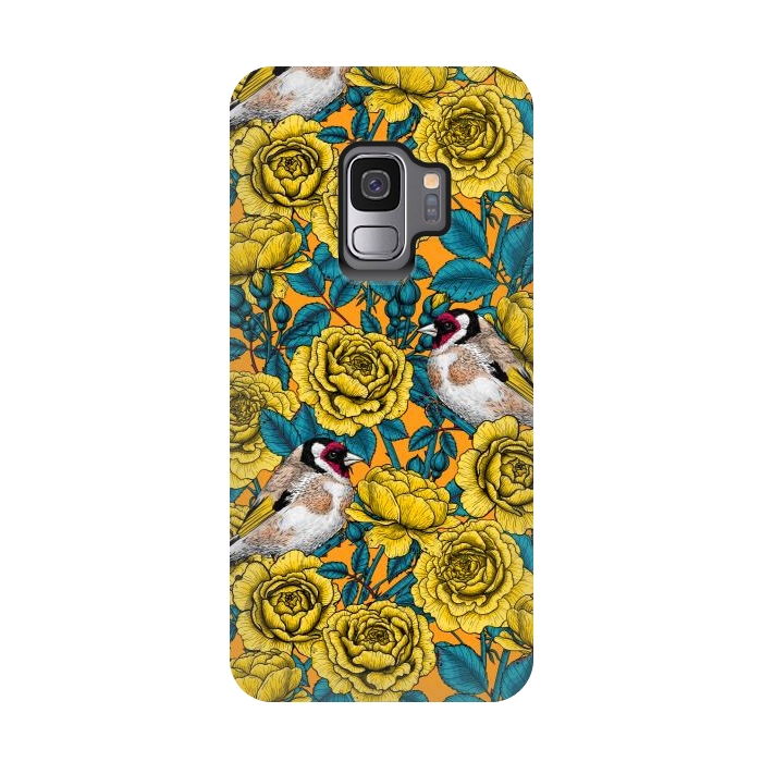 Galaxy S9 StrongFit Rose flowers and goldfinch birds by Katerina Kirilova