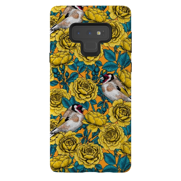 Galaxy Note 9 StrongFit Rose flowers and goldfinch birds by Katerina Kirilova
