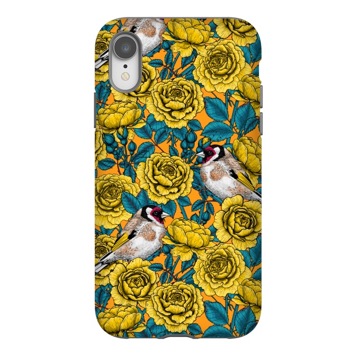 iPhone Xr StrongFit Rose flowers and goldfinch birds by Katerina Kirilova