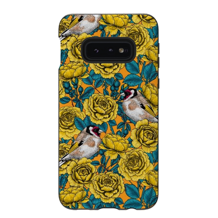 Galaxy S10e StrongFit Rose flowers and goldfinch birds by Katerina Kirilova